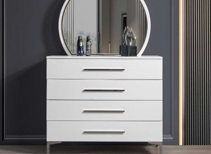 Viertürige Weiße Schlafzimmer Kommode Designer Glas Rundspiegel 2tlg Set