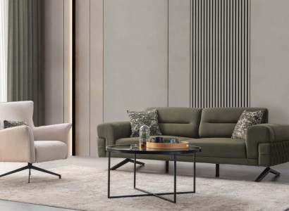 Grün-Weiße Wohnzimmer Sitzgarnitur Exklusiver Dreisitzer Polstersessel