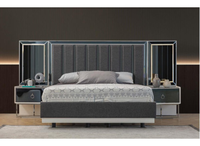 Graue Schlafzimmer Garnitur Edelstahlbett 2x Holz Nachttische 3tlg Set