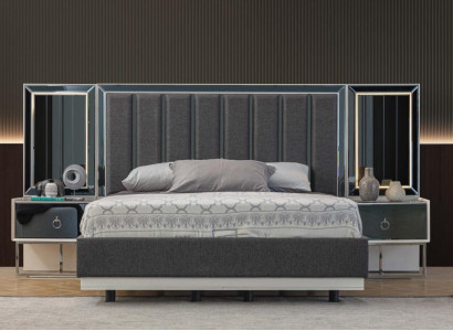 Graue Schlafzimmer Garnitur Edelstahlbett 2x Holz Nachttische 3tlg Set