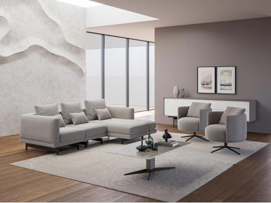 Luxus Komplett 4tlg Ecksofa L-Form Designer 2x Sessel Holz Couchtisch Neu