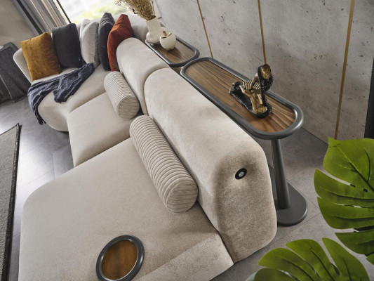 Ecksofa L Form Design Couch Holz mit Textil Polster neu Möbel weiß