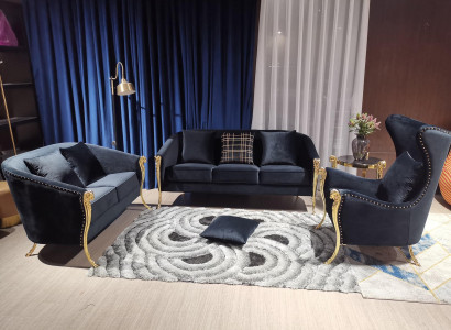 Luxuriöse Polstergarnitur Sessel 3+2+1 Sitzer Schwarz Samt Gold Beine