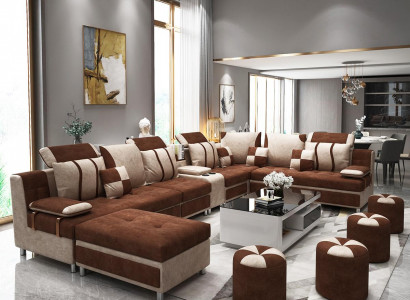 Sofa U-Form Braun Polsterstoff Zum Relaxen im Wohnzimmer Weichen Kissen