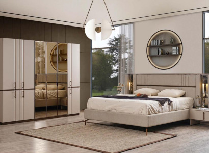 Modernes Beiges Doppelbett 2x Nachttische Kleiderschrank Holz Möbel