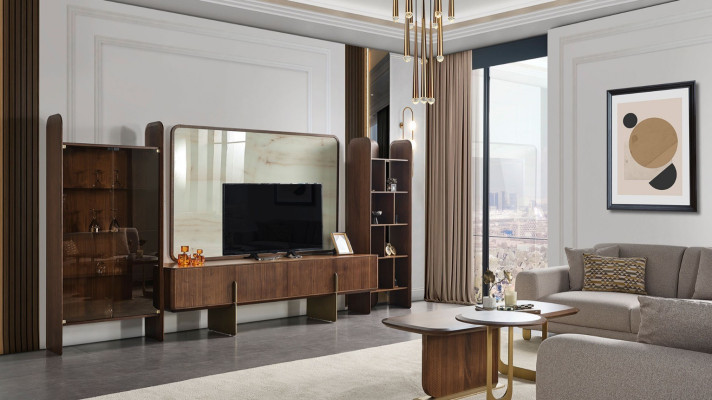 6tlg.Wonzimmer Set von Braun Wohnwand+Couchtisch und Beistelltisch neu