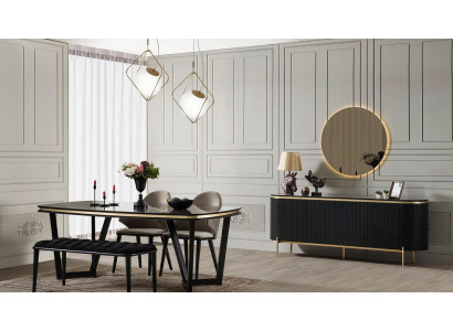 Modern 8tlg.Esszimmer Set Esstisch 4x Stühle Anrichte Spiegel Bank neu