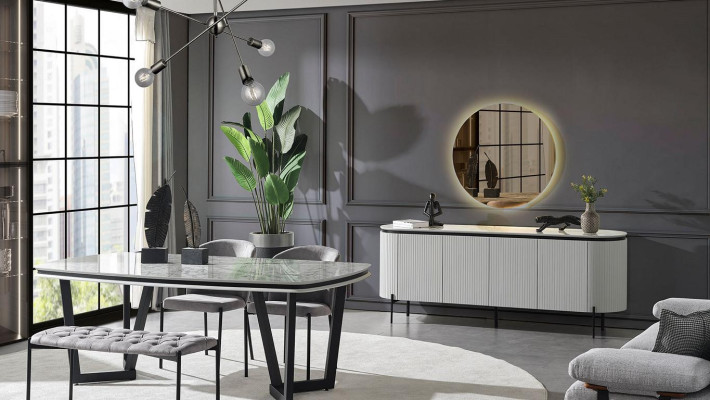 Modern Esszimmer Set Besteht aus Esstisch 4x Stühle und Anrichte Spiegel