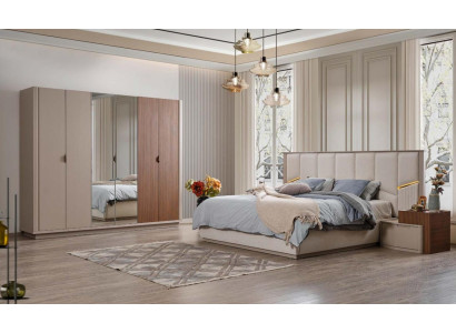 Große Beige Schlafzimmer Garnitur Doppelbett 2x Nachttische Schrank