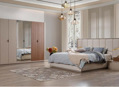 Große Beige Schlafzimmer Garnitur Doppelbett 2x Nachttische Schrank