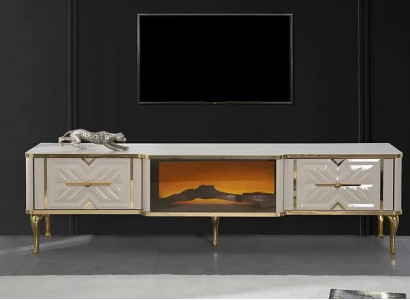Wohnzimmer Sideboard weiß + gold Kamin Luxus RTV Lowboard Exclusive