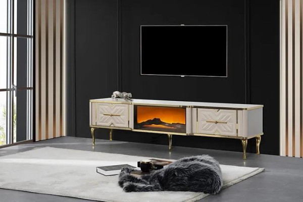 Wohnzimmer Sideboard weiß + gold Kamin Luxus RTV Lowboard Exclusive
