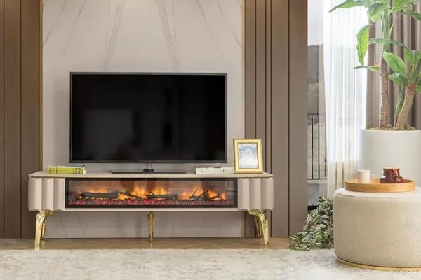  Sideboard RTV Wohnzimmer Luxusmöbel Kamin Beige MDF Metall Lowboard