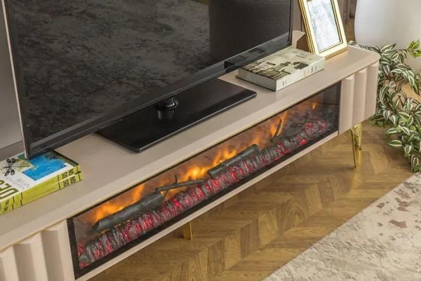  Sideboard RTV Wohnzimmer Luxusmöbel Kamin Beige MDF Metall Lowboard