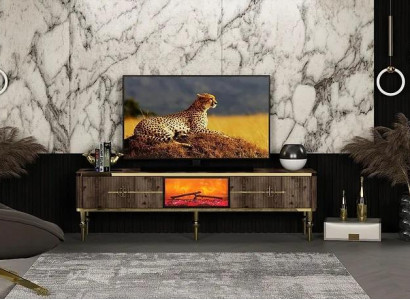  TV-Sideboard Wohnzimmer Luxuriöses dunkelbraunes MDF + Metall gold neu