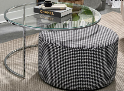  Wohnzimmer-Set Couchtisch Glas und Metall + gepolsterter Sitzhocker