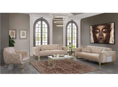Komplette Beige Sitzgarnitur Wohnzimmer Sofas Luxus Sessel Couchtisch