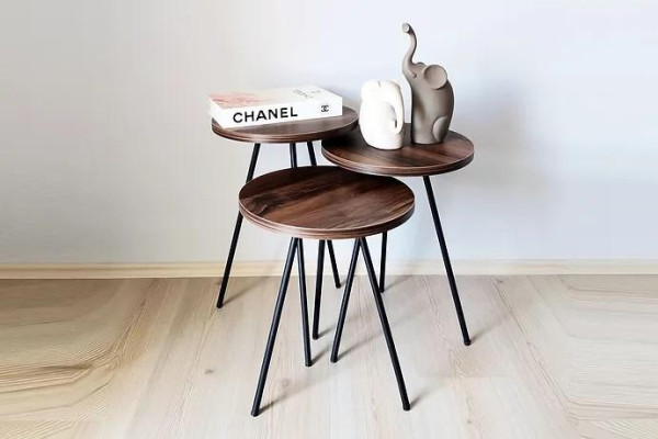  Rundes 3x Couchtische Set braunes Holz Metallbeine Beistelltisch