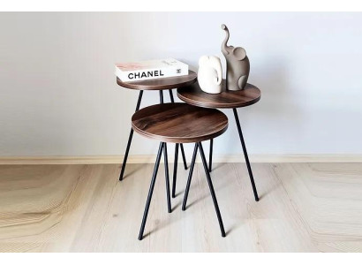  Rundes 3x Couchtische Set braunes Holz Metallbeine Beistelltisch
