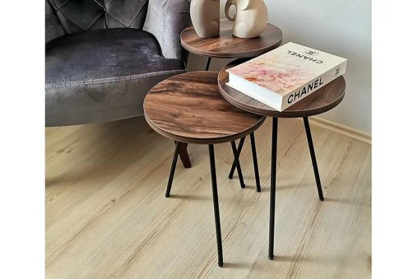  Rundes 3x Couchtische Set braunes Holz Metallbeine Beistelltisch