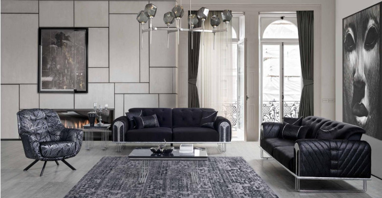  Schwarze Wohnzimmer Sofagarnitur 2x Dreisitzer Designer Polster Sessel