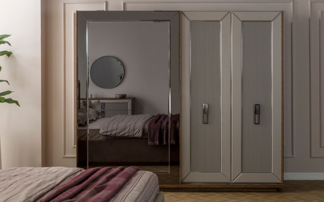  Beige Schlafzimmer Garnitur Modernes Doppelbett Glas Kleiderschrank 4tlg