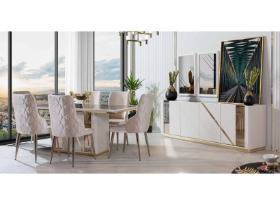 Beige Edelstahl Esszimmer Garnitur Designer Esstisch x6 Stühle Kommode