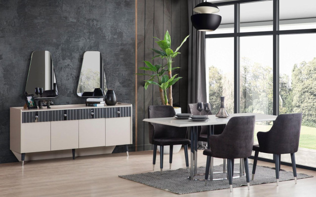  Designer Rechteckiger Weißer Esstisch 6x Graue Polster Stühle 7tlg. Set