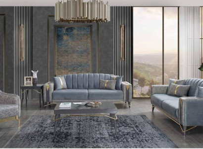 Luxuriöse Graue Chesterfield Polster Sofagarnitur Wohnzimmer 3-Sitzer Textil Sessel