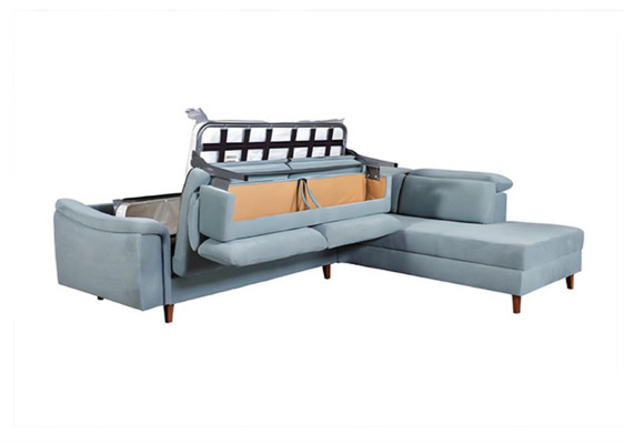  Blaues Ecksofa L-Form Wohnzimmer Polster Couchen Designer Holzgestell