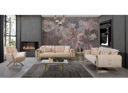 Moderne Beige Wohnzimmer Sofagarnitur x2 3-Sitzer Polstersessel 3tlg