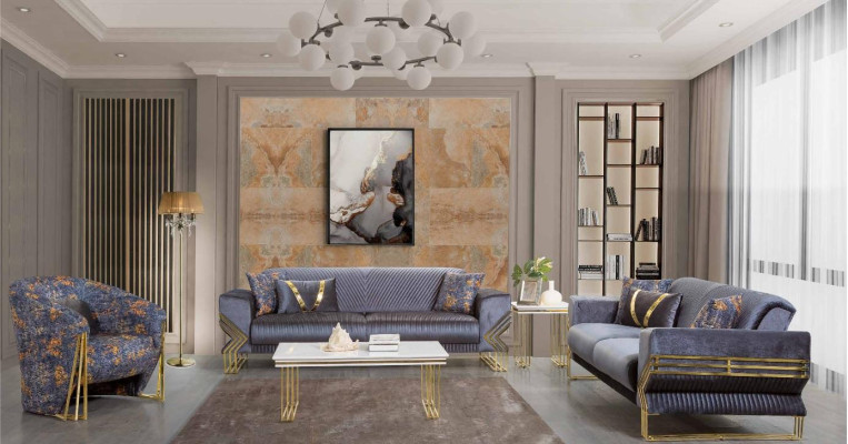 Hellblaues Wohnzimmer Set Designer 3-Sitzer Luxuriöser Sessel Couchtisch