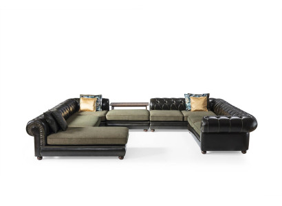 Schwarz-grünes Ecksofa U-Form Polster Wohnlandschaft Relax Luxus Couch