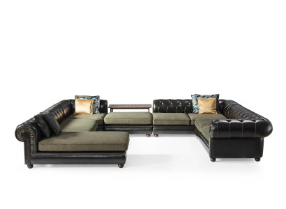 Schwarz-grünes Ecksofa U-Form Polster Wohnlandschaft Relax Luxus Couch