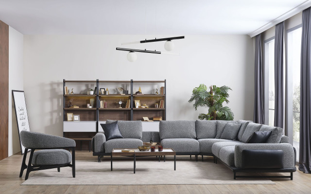Graues Wohnzimmer Set L-Form Sofa Designer Polstersessel Couchtisch