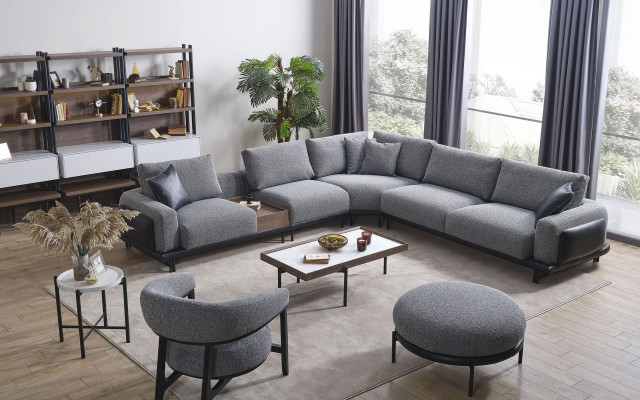 Luxus Graue Wohnzimmer Garnitur Ecksofa L-Form Couch Polster Sessel 3tlg