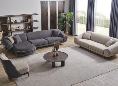 Modernes Wohnzimmer Set Graues Ecksofa L-Form 3-Sitzer Polster Sessel