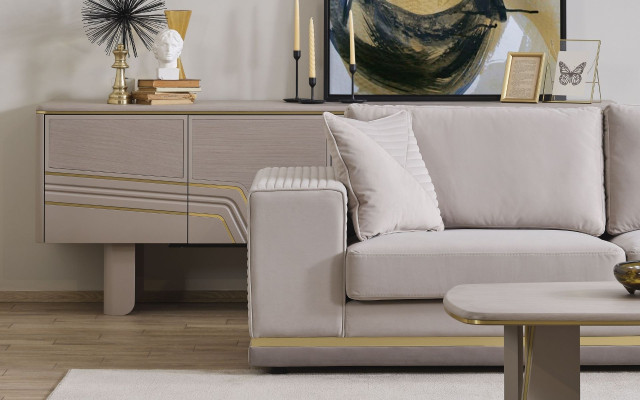 Wohnzimmer Hellbeiges Ecksofa L-Form Couch Modernes Textil Sofa Möbel