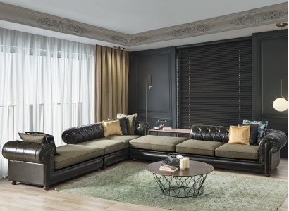 Grün-schwarzes Wohnzimmer Chesterfield L-Form Sofa Polster Couchen Neu