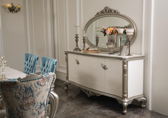 Esszimmer Set Garnitur Vitrine Tisch 6x Stuhl Kommode Spiegel Art déco 10tlg