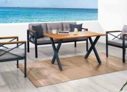 Moderne Graue Gartenmöbel Garnitur Sessel Hocker Tisch Veranda 4tlg. Set