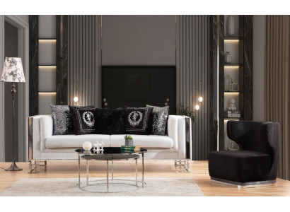 Weiß-Schwarze Couchgarnitur Wohnzimmer Sofas Dreisitzer Polster Sessel