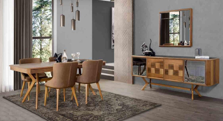 Designer Holz Ess Esszimmer Set Tisch 4x Lehn Stühle Set Garnitur Polster 5tlg