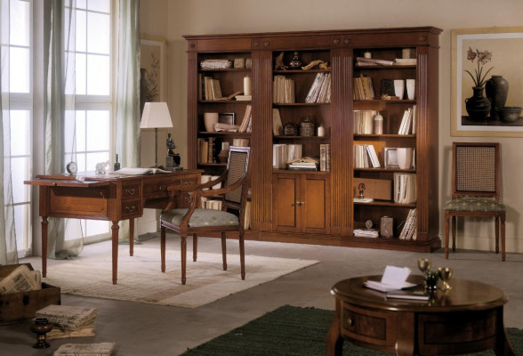 Schreibtisch und Stuhl aus Holz mit Armlehnen Bücherregal Büromöbel Design 3tlg