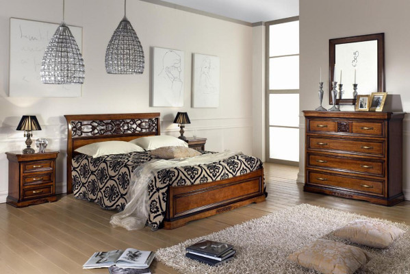 Komplett Schlafzimmer Set Holz Braun Bett 2x Nachttisch Kommode Spiegel Neu