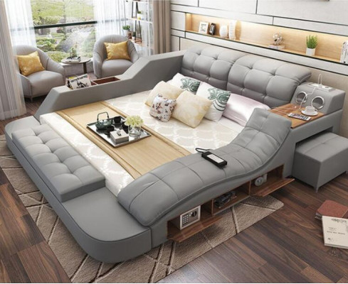 Doppel Luxus Leder Bett + USB Polster Betten Moderne Hotel Multifunktion massage