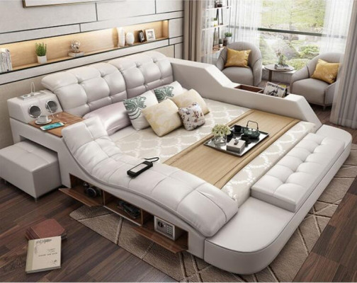 Doppel Luxus Leder Bett + USB Polster Betten Moderne Hotel Multifunktion massage