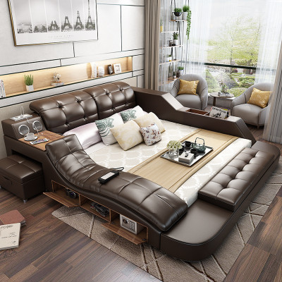 Doppel Luxus Leder Bett + USB Polster Betten Moderne Hotel Multifunktion massage