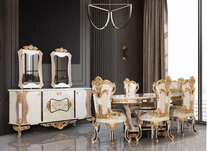 Luxus Esszimmer Set 9 tlg. Esstisch + 6x Stühle + Anrichte mit Spiegel weiß Neu