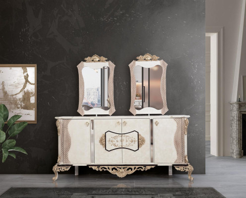 Anrichte mit Spiegel Garnitur Ess Barock Kommoden Holz Kommode Holz Schrank Neu